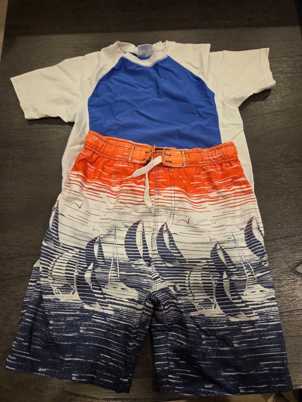 Boys swim set rash guard shirt and board shorts size L /8